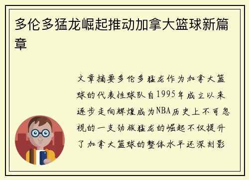 多伦多猛龙崛起推动加拿大篮球新篇章