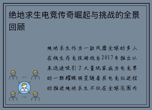 绝地求生电竞传奇崛起与挑战的全景回顾